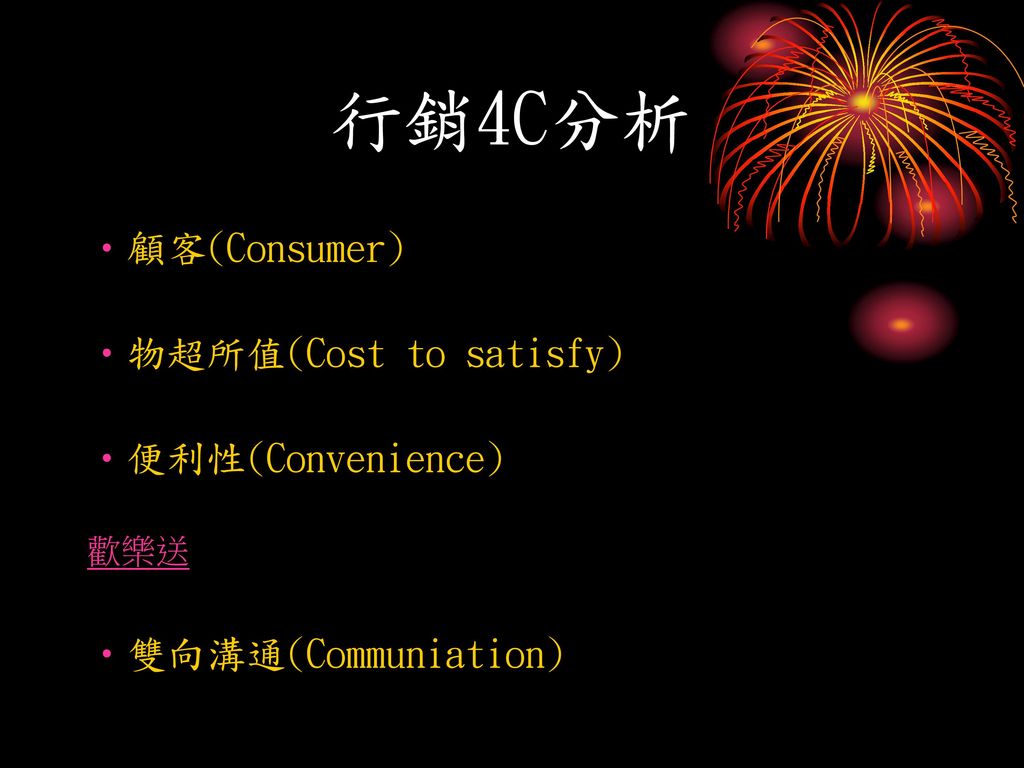 行銷4C分析 顧客(Consumer) 物超所值(Cost to satisfy) 便利性(Convenience)