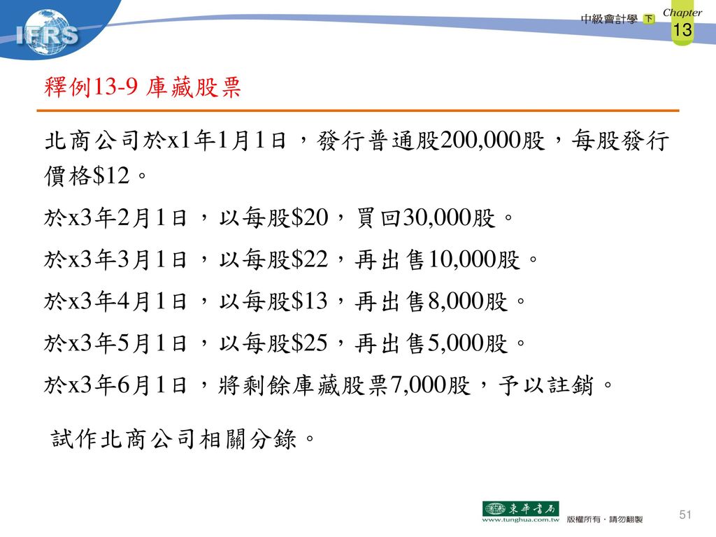 釋例13-9 庫藏股票