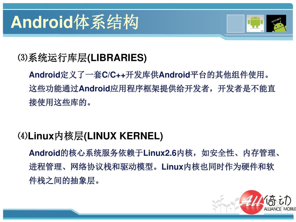 Android体系结构 ⑶系统运行库层(LIBRARIES) ⑷Linux内核层(LINUX KERNEL)