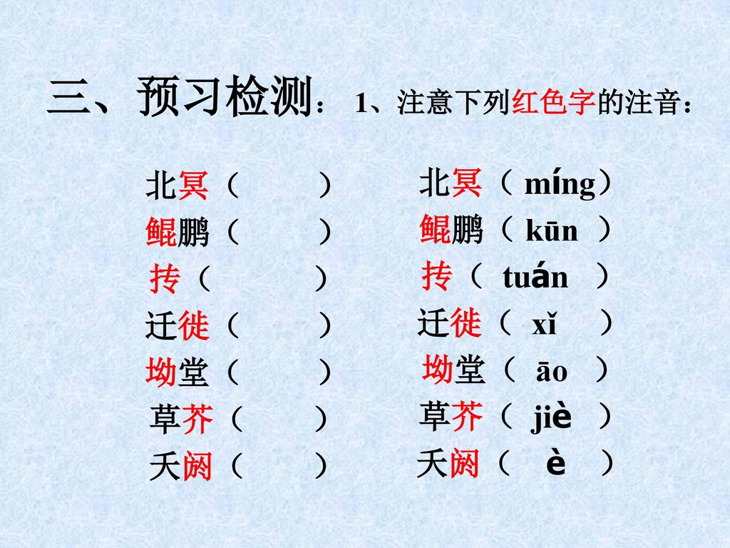 三、预习检测： 1、注意下列红色字的注音： 北冥（ míng） 北冥（ ） 鲲鹏（ kūn ） 鲲鹏（ ） 抟（ tuán ） 抟（ ）