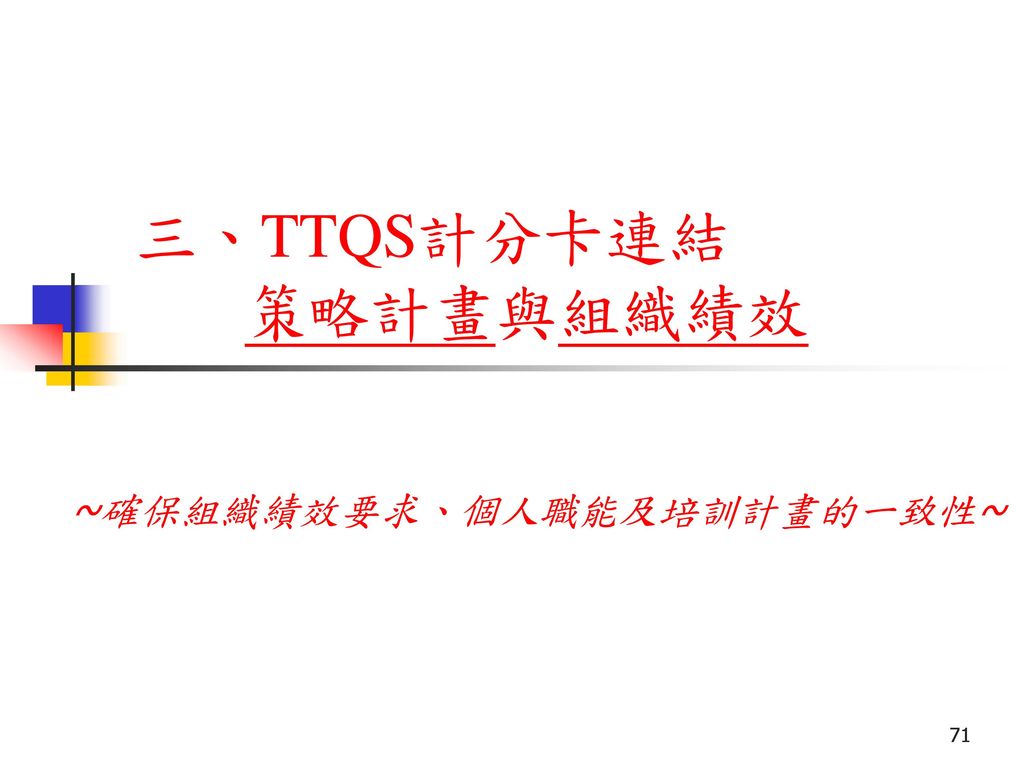 三、TTQS計分卡連結 策略計畫與組織績效