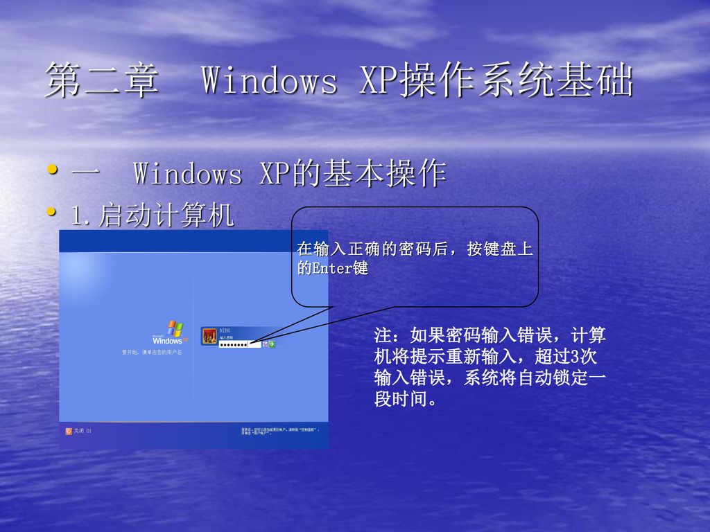 第二章 Windows XP操作系统基础 一 Windows XP的基本操作 1.启动计算机