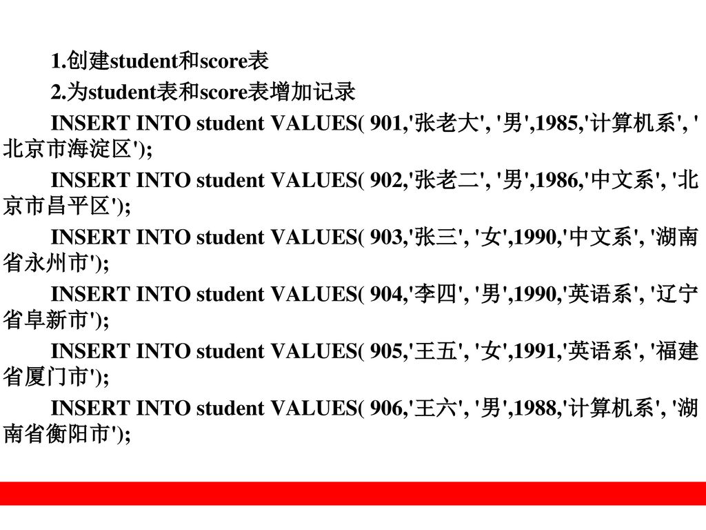 1.创建student和score表 2.为student表和score表增加记录. INSERT INTO student VALUES( 901, 张老大 , 男 ,1985, 计算机系 , 北京市海淀区 );