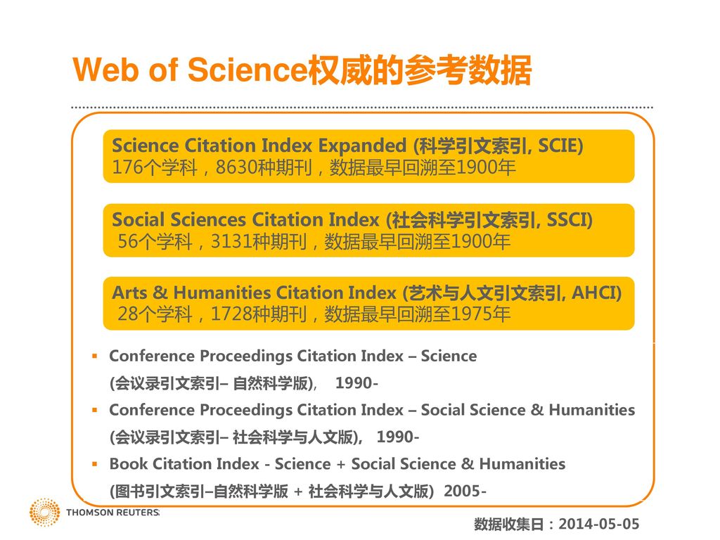 Web of Science权威的参考数据 Science Citation Index Expanded (科学引文索引, SCIE) 176个学科，8630种期刊，数据最早回溯至1900年.