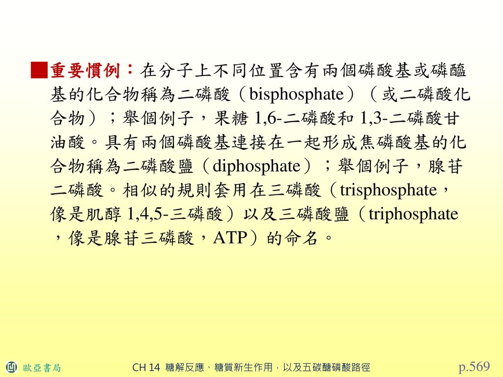■重要慣例：在分子上不同位置含有兩個磷酸基或磷醯 基的化合物稱為二磷酸（bisphosphate）（或二磷酸化 合物）；舉個例子，果糖 1,6-二磷酸和 1,3-二磷酸甘 油酸。具有兩個磷酸基連接在一起形成焦磷酸基的化 合物稱為二磷酸鹽（diphosphate）；舉個例子，腺苷 二磷酸。相似的規則套用在三磷酸（trisphosphate， 像是肌醇 1,4,5-三磷酸）以及三磷酸鹽（triphosphate ，像是腺苷三磷酸，ATP）的命名。
