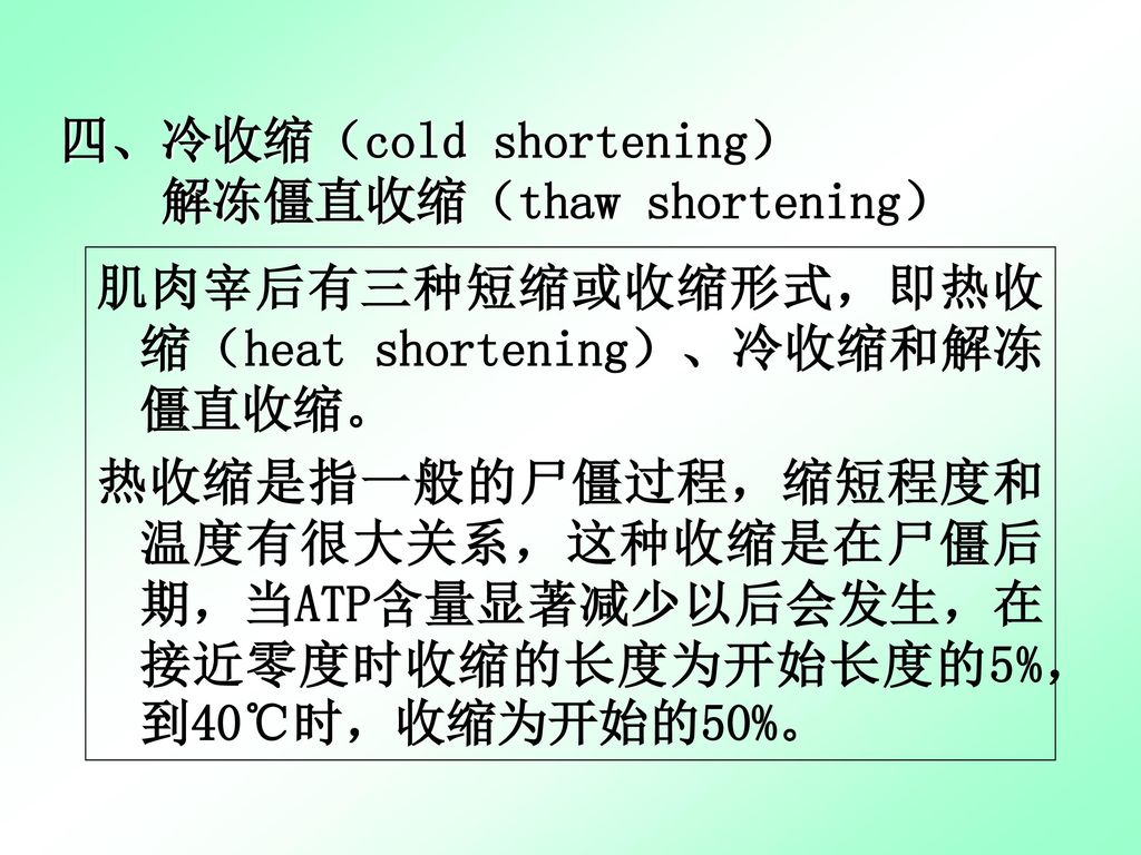 四、冷收缩（cold shortening） 解冻僵直收缩（thaw shortening）