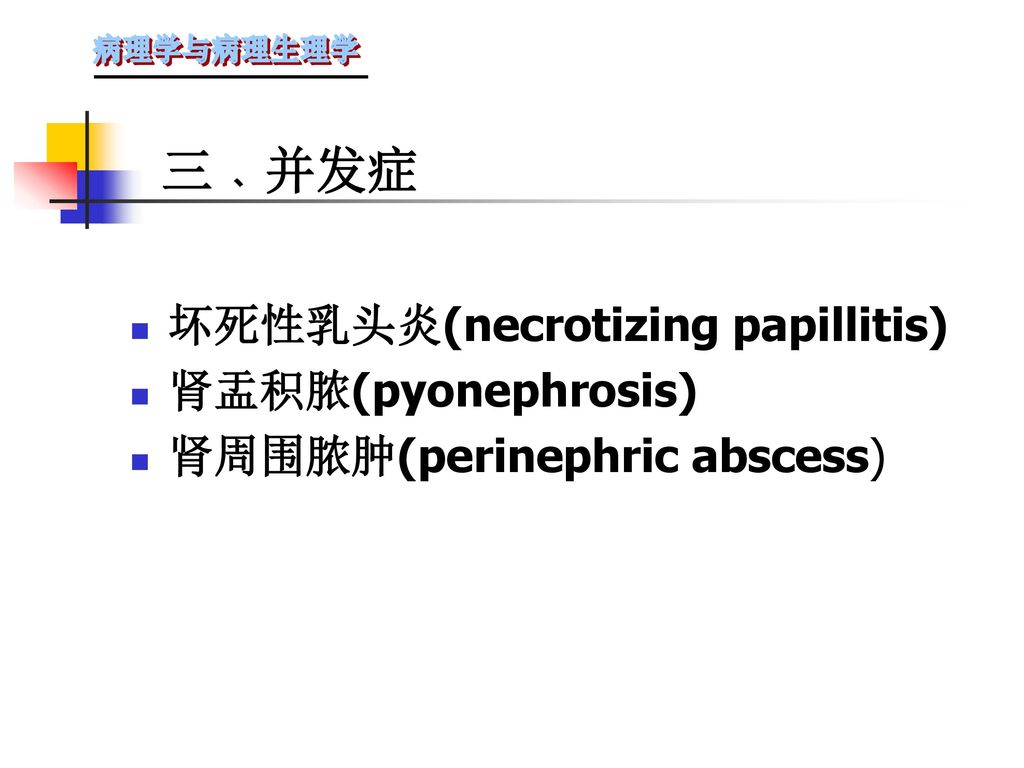 三﹑并发症 坏死性乳头炎(necrotizing papillitis) 肾盂积脓(pyonephrosis)