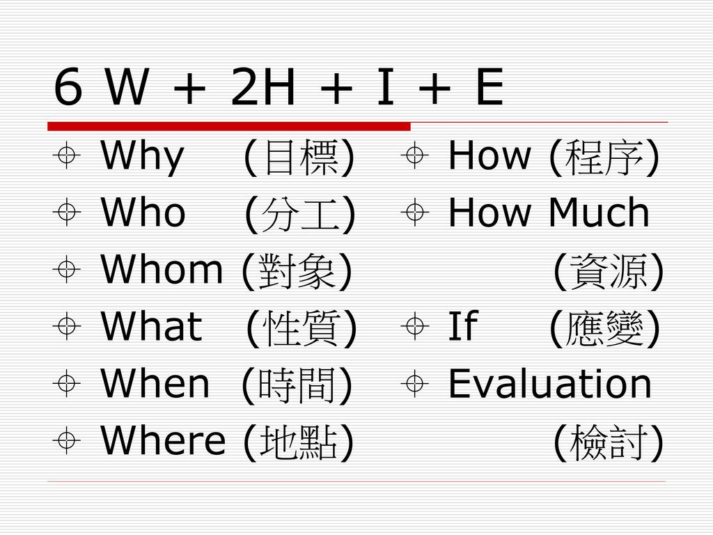 6 W + 2H + I + E  Why (目標)  Who (分工)  Whom (對象)  What (性質)