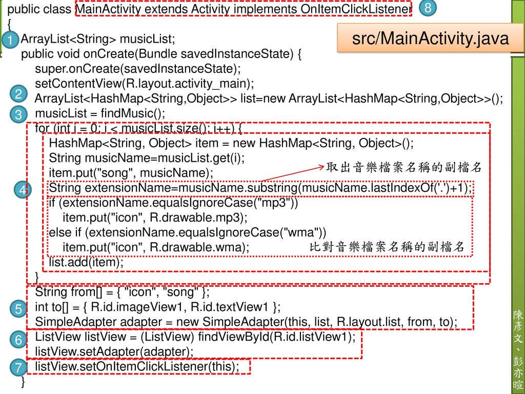 src/MainActivity.java 取出音樂檔案名稱的副檔名 4 比對音樂檔案名稱的副檔名 5 6 7