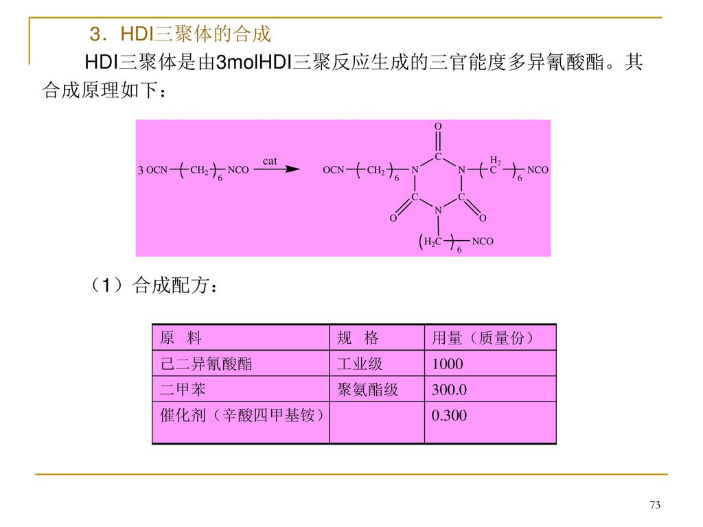 HDI三聚体是由3molHDI三聚反应生成的三官能度多异氰酸酯。其合成原理如下：
