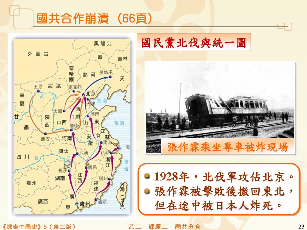 1928年，北伐軍攻佔北京。 張作霖被擊敗後撤回東北， 但在途中被日本人炸死。