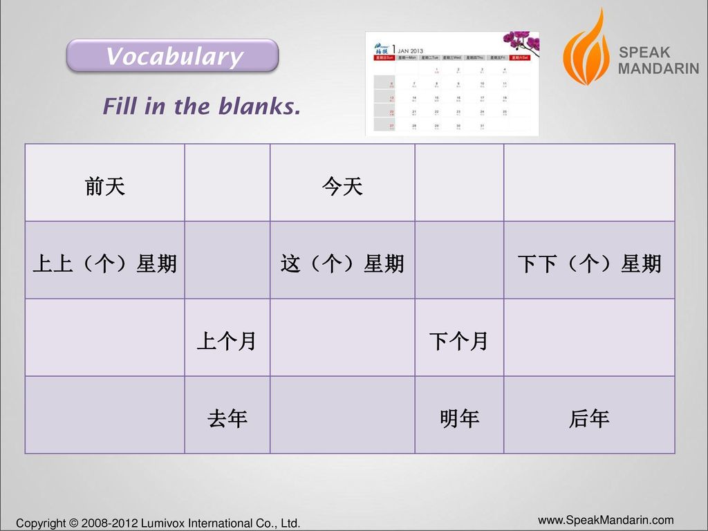 Vocabulary Fill in the blanks. 前天 今天 上上（个）星期 这（个）星期 下下（个）星期 上个月 下个月 去年