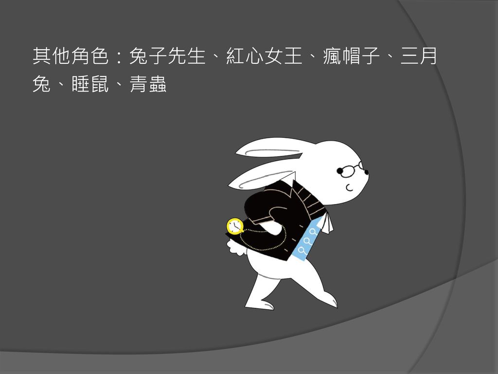 其他角色：兔子先生、紅心女王、瘋帽子、三月 兔、睡鼠、青蟲