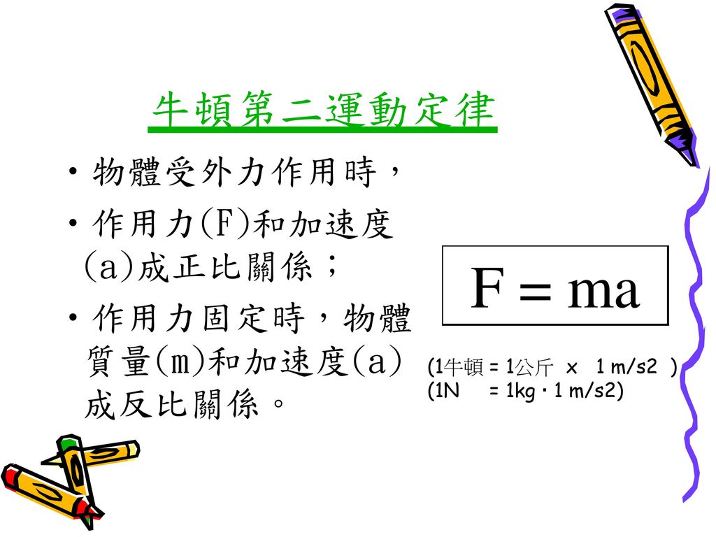 F = ma 牛頓第二運動定律 物體受外力作用時， 作用力(F)和加速度(a)成正比關係；