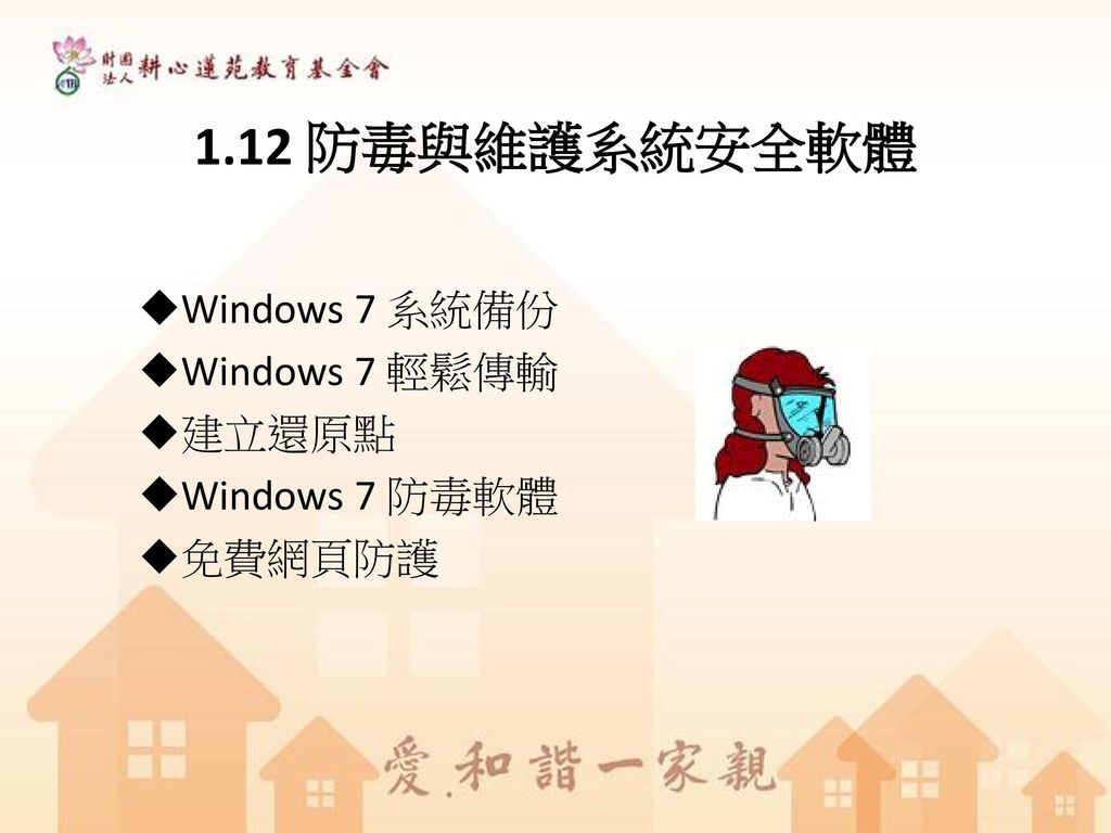 1.12 防毒與維護系統安全軟體 Windows 7 系統備份 Windows 7 輕鬆傳輸 建立還原點 Windows 7 防毒軟體
