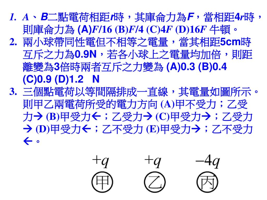 A、B二點電荷相距r時，其庫侖力為F，當相距4r時，則庫侖力為 (A)F/16 (B)F/4 (C)4F (D)16F 牛頓。