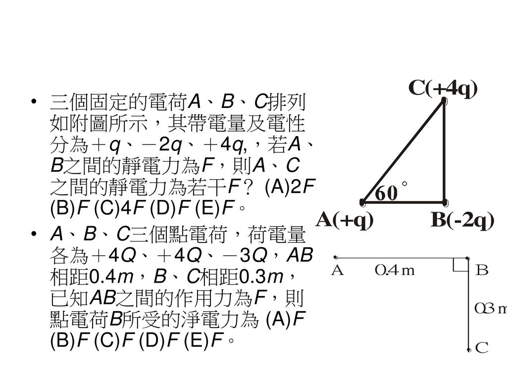 三個固定的電荷A、B、C排列如附圖所示，其帶電量及電性分為＋q、－2q、＋4q,，若A、B之間的靜電力為F，則A、C之間的靜電力為若干F？ (A)2F (B)F (C)4F (D)F (E)F。