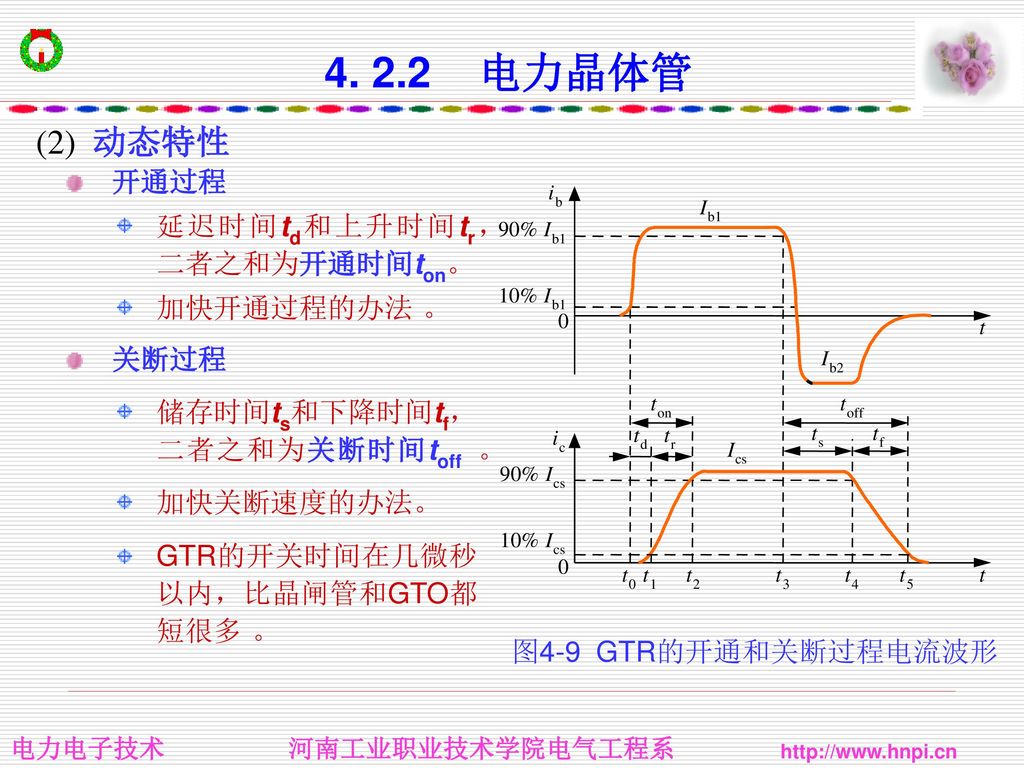 电力晶体管 (2) 动态特性 开通过程 延迟时间td和上升时间tr，二者之和为开通时间ton。 加快开通过程的办法 。