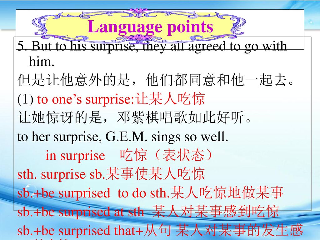 Language points 5. But to his surprise, they all agreed to go with him. 但是让他意外的是，他们都同意和他一起去。 (1) to one’s surprise:让某人吃惊.