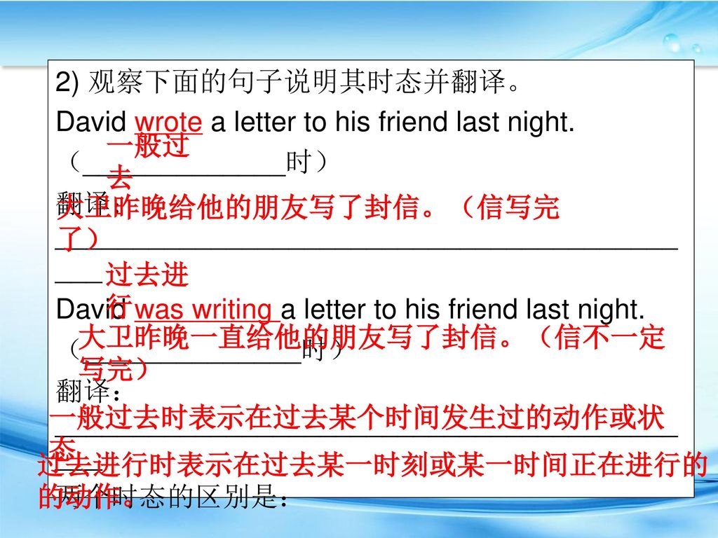 2) 观察下面的句子说明其时态并翻译。 David wrote a letter to his friend last night