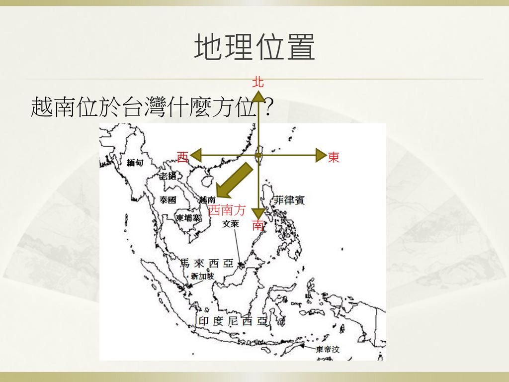 地理位置 東 北 西 南 越南位於台灣什麼方位？ 西南方