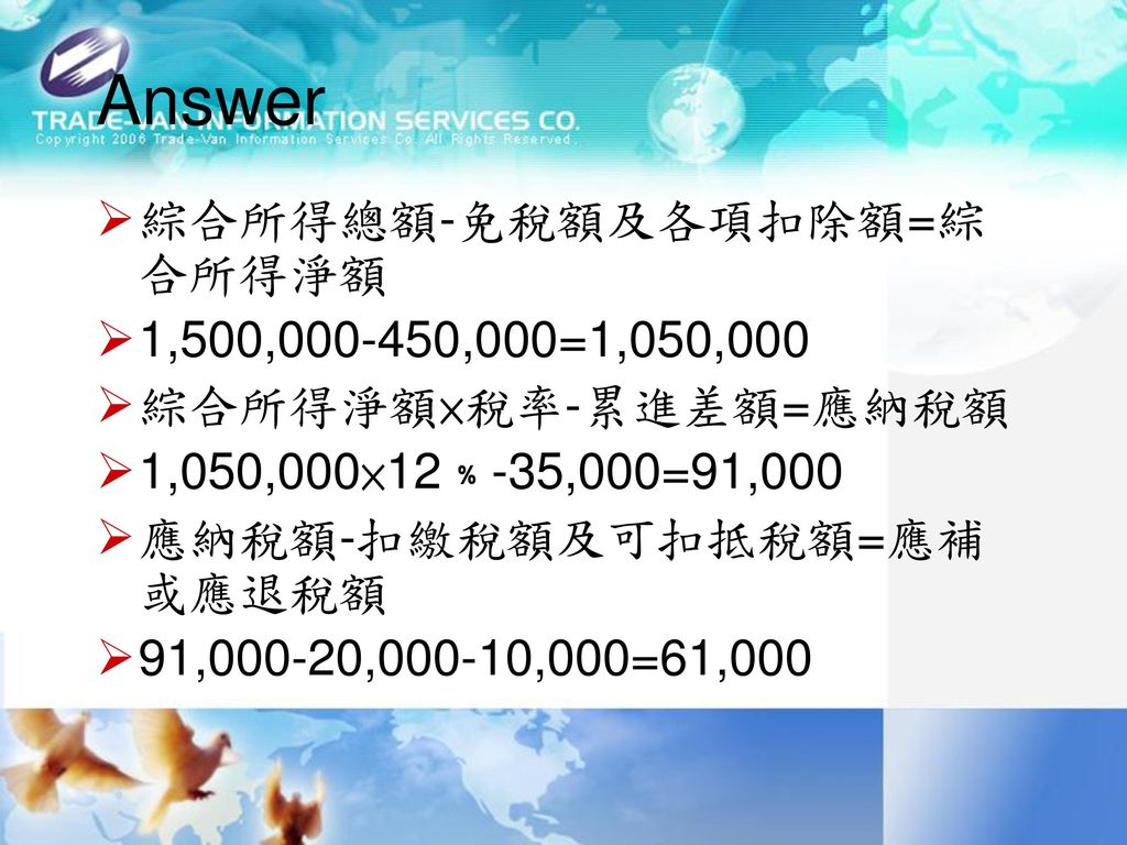 Answer 綜合所得總額-免稅額及各項扣除額=綜合所得淨額 1,500, ,000=1,050,000
