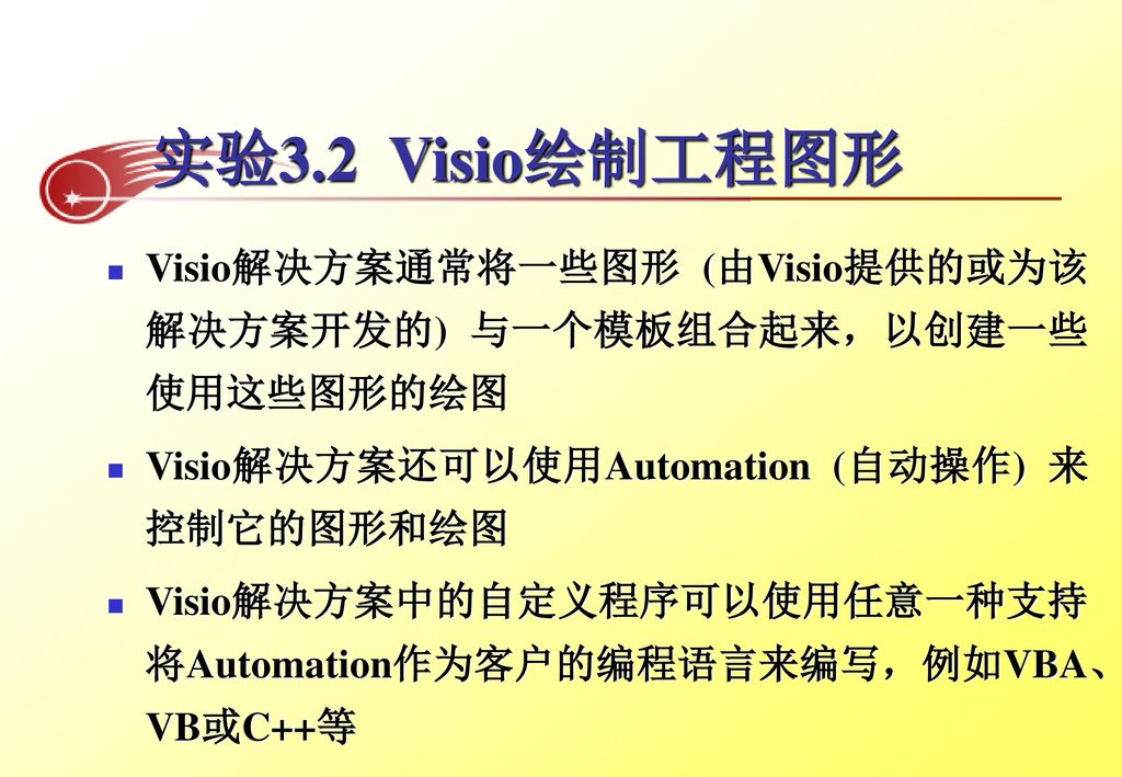 实验3.2 Visio绘制工程图形 Visio解决方案通常将一些图形 (由Visio提供的或为该解决方案开发的) 与一个模板组合起来，以创建一些使用这些图形的绘图. Visio解决方案还可以使用Automation (自动操作) 来控制它的图形和绘图.