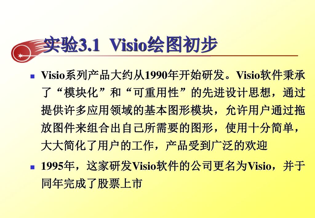 实验3.1 Visio绘图初步 Visio系列产品大约从1990年开始研发。Visio软件秉承了 模块化 和 可重用性 的先进设计思想，通过提供许多应用领域的基本图形模块，允许用户通过拖放图件来组合出自己所需要的图形，使用十分简单，大大简化了用户的工作，产品受到广泛的欢迎.