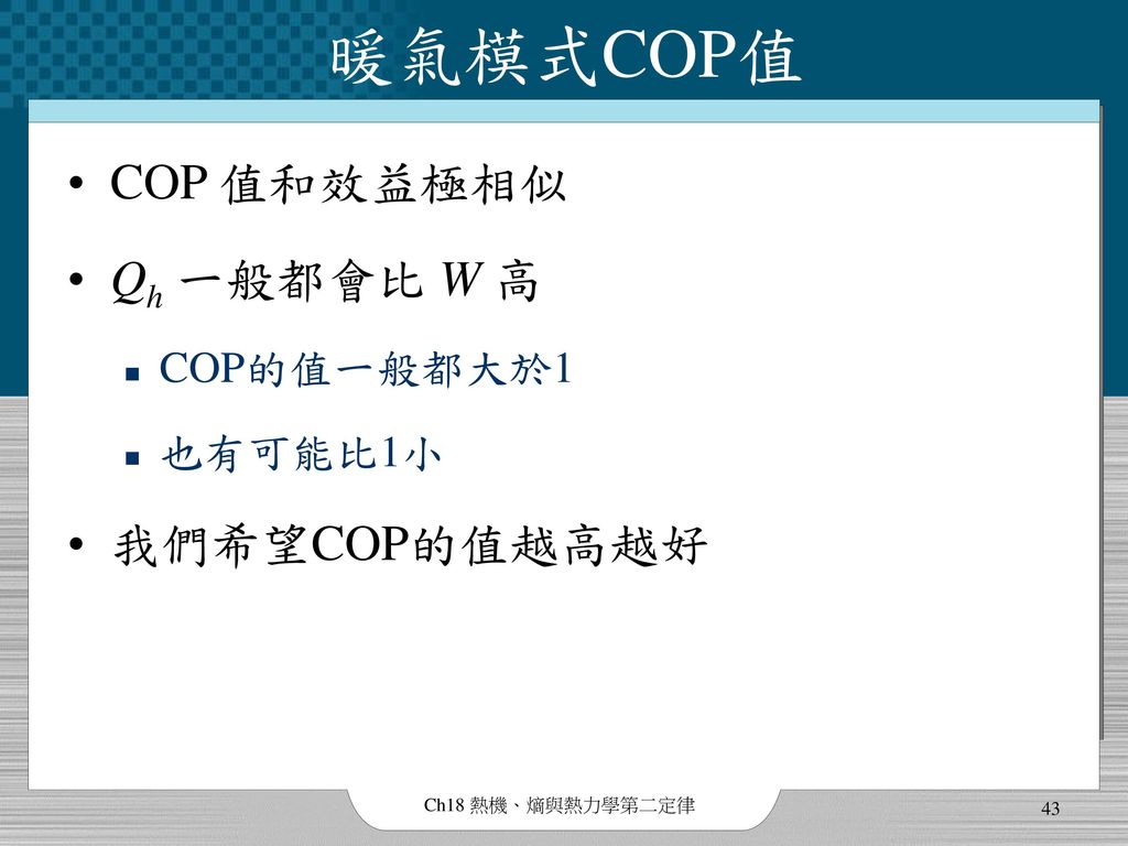 暖氣模式COP值 COP 值和效益極相似 Qh 一般都會比 W 高 我們希望COP的值越高越好 COP的值一般都大於1 也有可能比1小