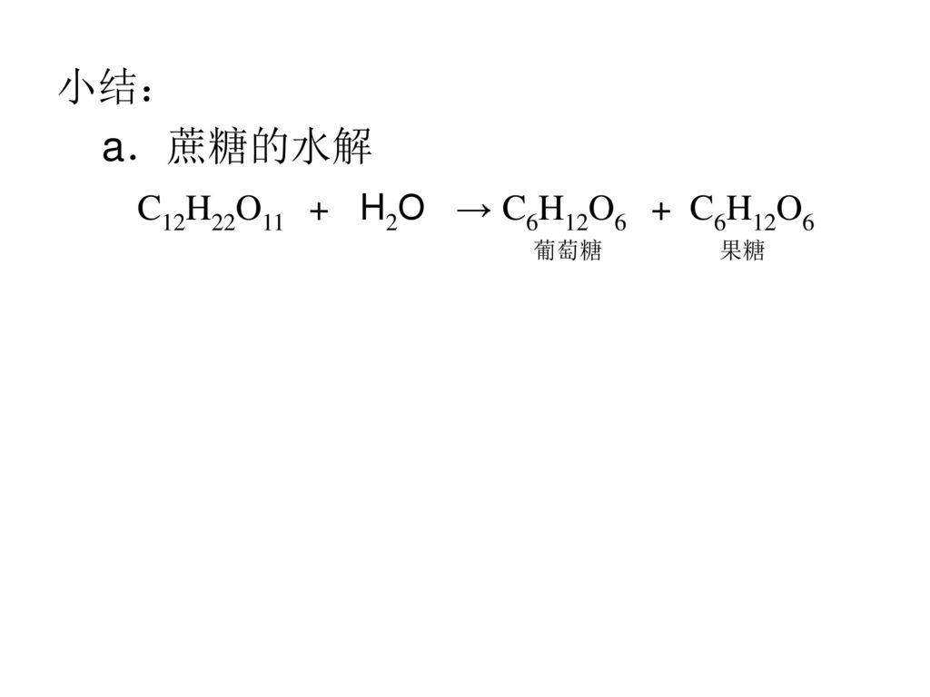 小结： a．蔗糖的水解 C12H22O11 + H2O → C6H12O6 + C6H12O6 葡萄糖 果糖