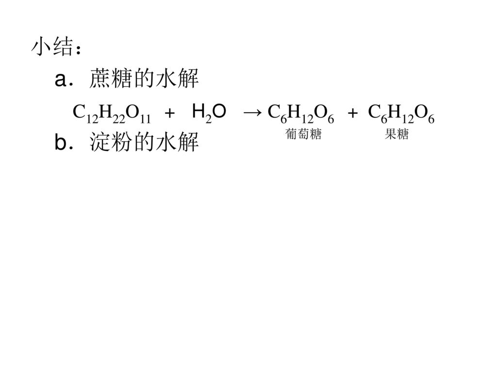 小结： a．蔗糖的水解 C12H22O11 + H2O → C6H12O6 + C6H12O6 b．淀粉的水解 葡萄糖 果糖