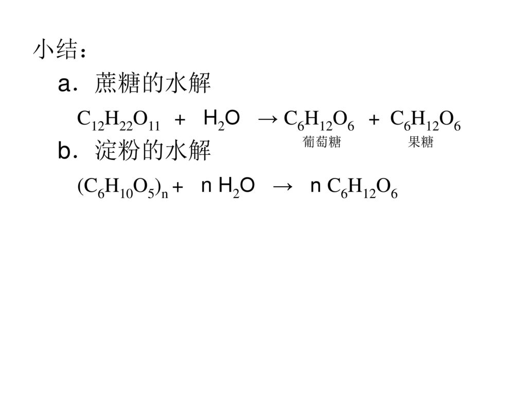 小结： a．蔗糖的水解 C12H22O11 + H2O → C6H12O6 + C6H12O6 b．淀粉的水解