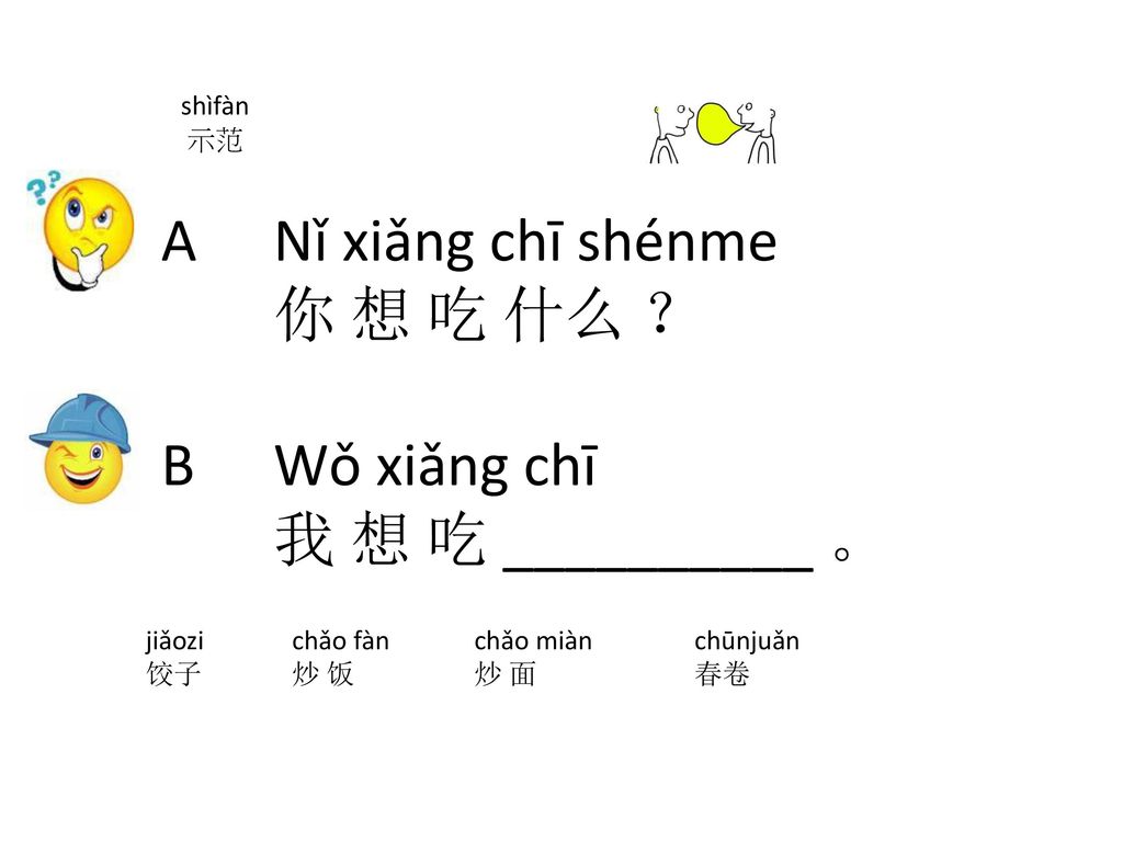 A Nǐ xiǎng chī shénme 你 想 吃 什么 ？ B Wǒ xiǎng chī 我 想 吃 __________ 。