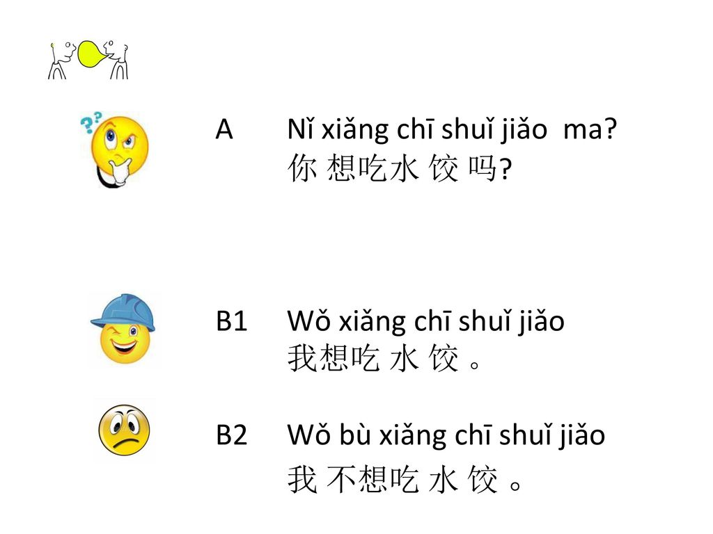 A Nǐ xiǎng chī shuǐ jiǎo ma 你 想吃水 饺 吗 B1 Wǒ xiǎng chī shuǐ jiǎo