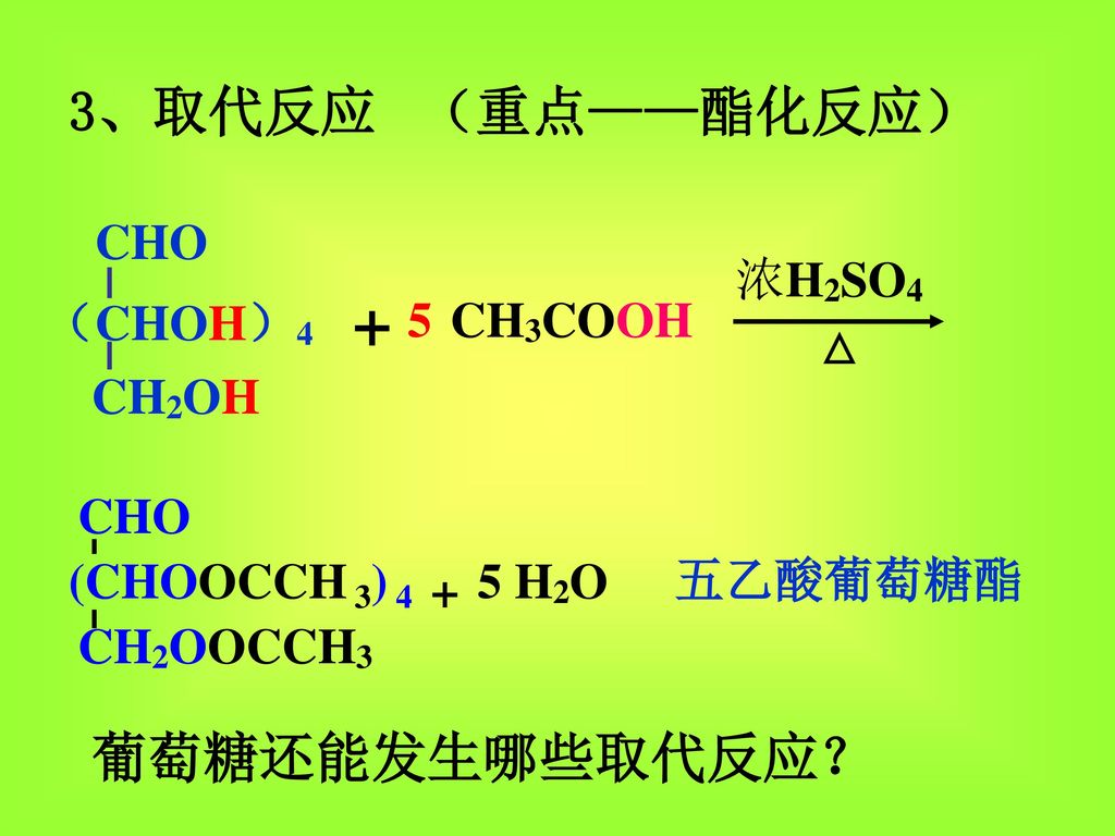 + 3、取代反应 （重点——酯化反应） 葡萄糖还能发生哪些取代反应？ CHO 浓H2SO4 （CHOH）4 5 CH3COOH CH2OH