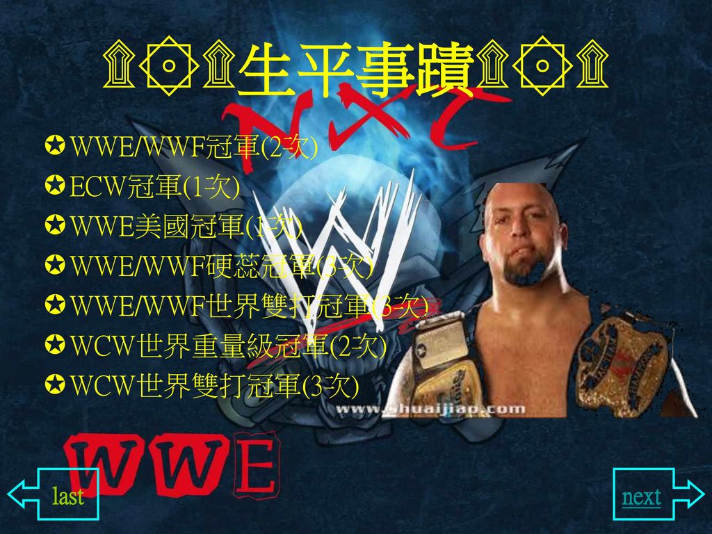 ۩۞۩生平事蹟۩۞۩ WWE/WWF冠軍(2次) ECW冠軍(1次) WWE美國冠軍(1次) WWE/WWF硬蕊冠軍(3次)