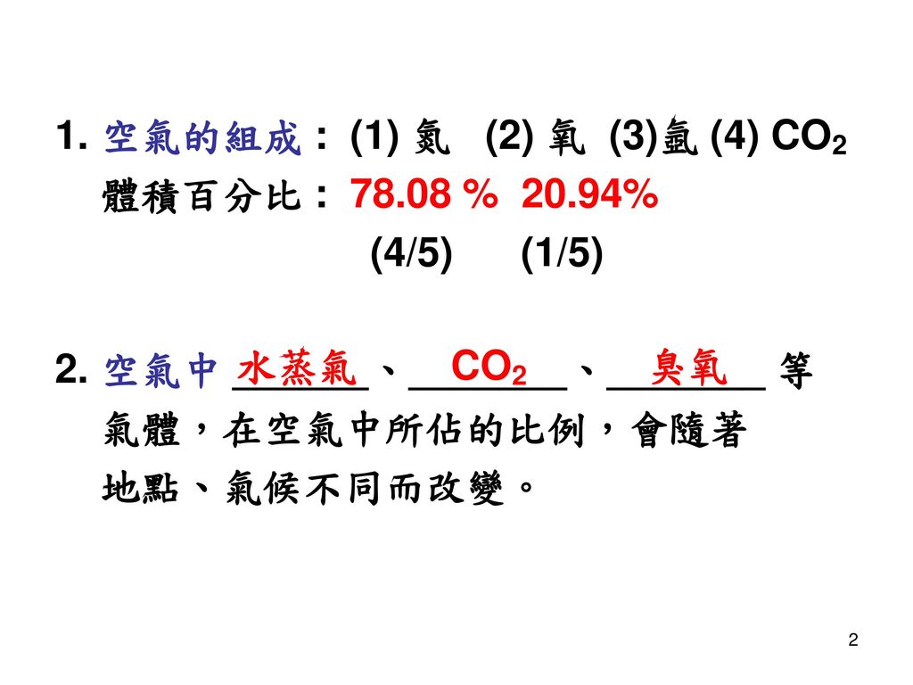 1. 空氣的組成 : (1) 氮 (2) 氧 (3)氬 (4) CO2 體積百分比 : % 20.94% (4/5) (1/5) 2. 空氣中 ______、_______、_______ 等.