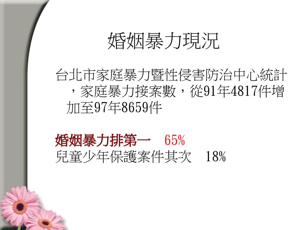 婚姻暴力現況 台北市家庭暴力暨性侵害防治中心統計，家庭暴力接案數，從91年4817件增加至97年8659件 婚姻暴力排第一 65%