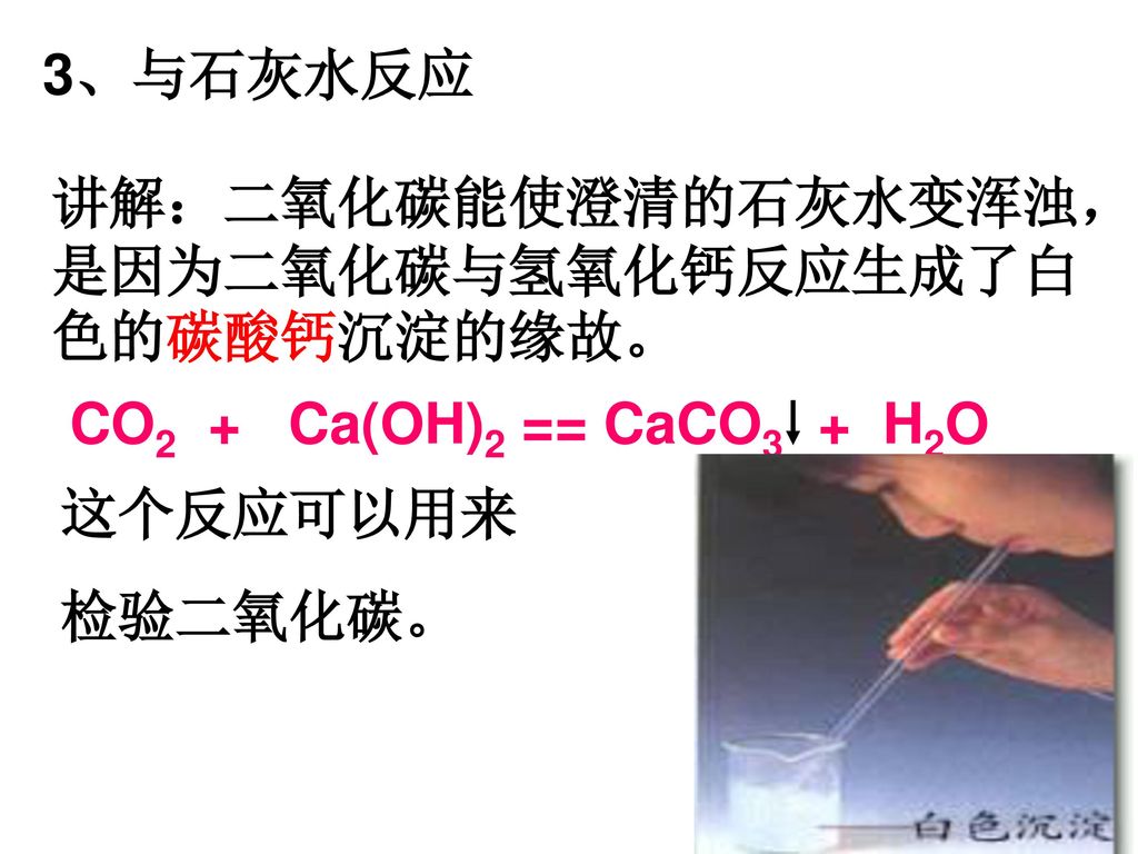 3、与石灰水反应 讲解：二氧化碳能使澄清的石灰水变浑浊，是因为二氧化碳与氢氧化钙反应生成了白色的碳酸钙沉淀的缘故。 CO2 + Ca(OH)2 == CaCO3 + H2O. 这个反应可以用来.