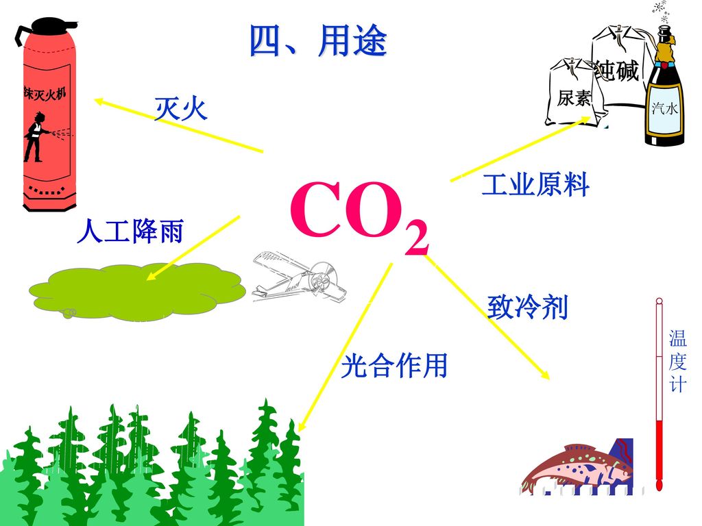 汽水 纯碱 沫灭火机 四、用途 尿素 灭火 CO2 CO2 工业原料 人工降雨 致冷剂 温度计 光合作用