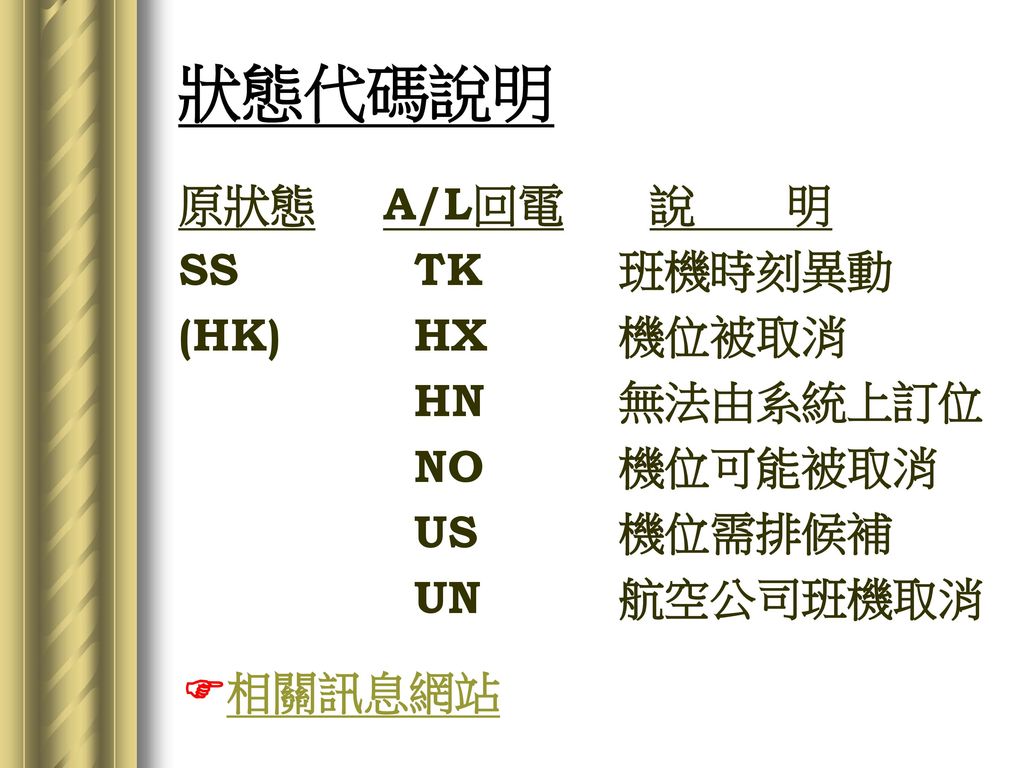 狀態代碼說明 原狀態 A/L回電 說 明 SS TK 班機時刻異動 (HK) HX 機位被取消 HN 無法由系統上訂位 NO 機位可能被取消