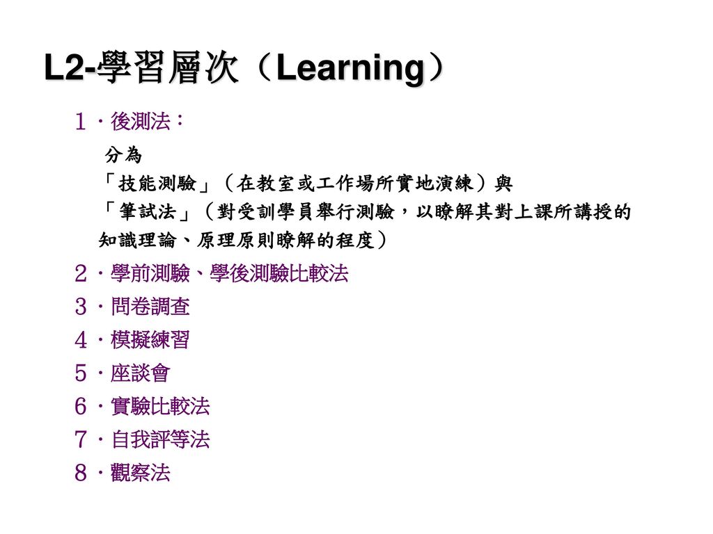 L2-學習層次（Learning） １．後測法：