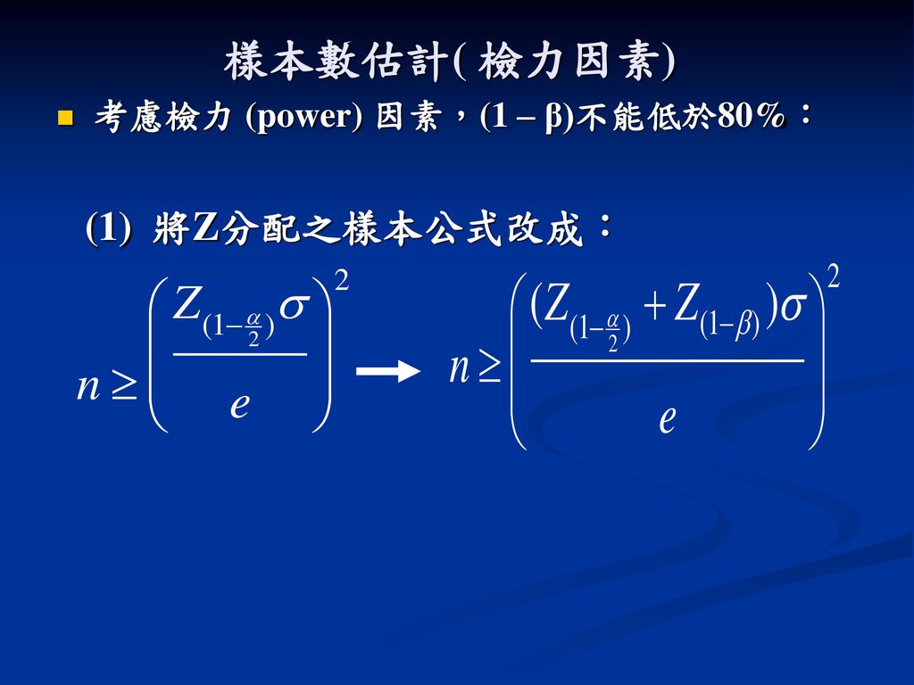 樣本數估計( 檢力因素) 考慮檢力 (power) 因素，(1 – β)不能低於80%： (1) 將Z分配之樣本公式改成：