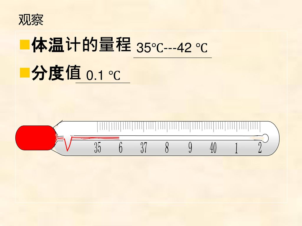 观察 体温计的量程 分度值 35℃---42 ℃ 0.1 ℃