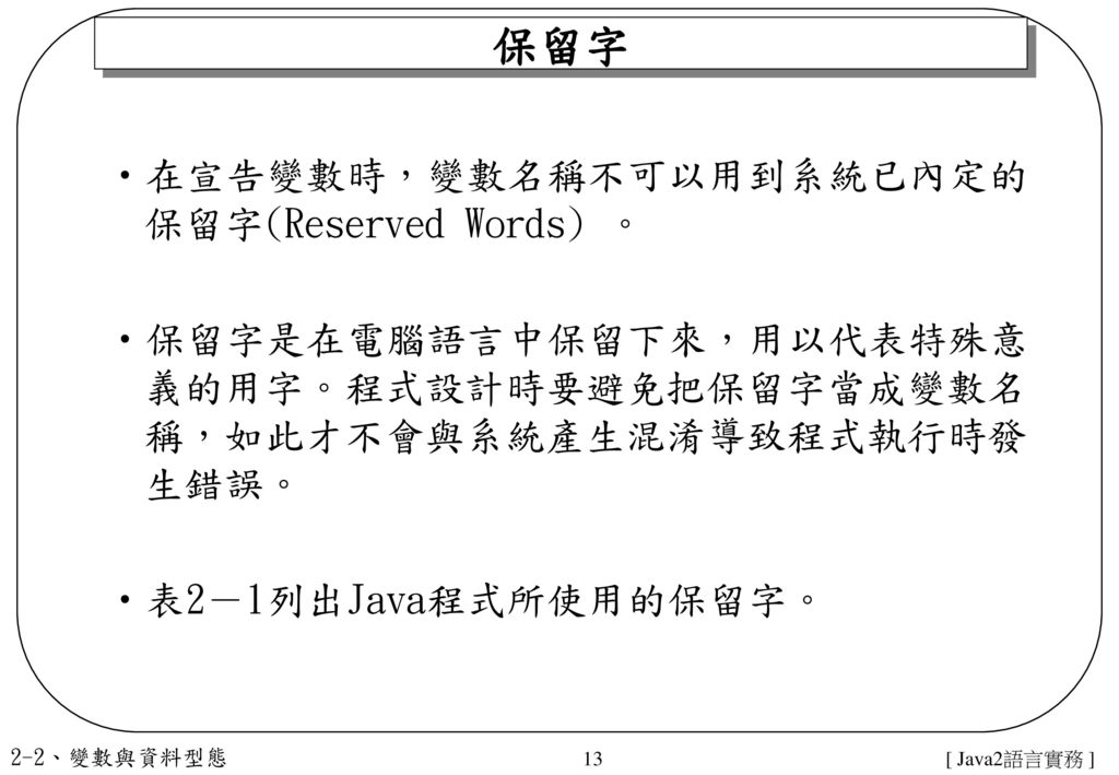 保留字 在宣告變數時，變數名稱不可以用到系統已內定的保留字(Reserved Words) 。