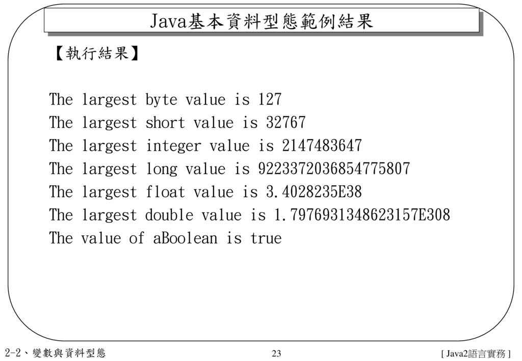 Java基本資料型態範例結果 【執行結果】 The largest byte value is 127