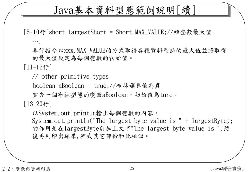 Java基本資料型態範例說明[續] [5~10行]short largestShort = Short.MAX_VALUE;//短整數最大值