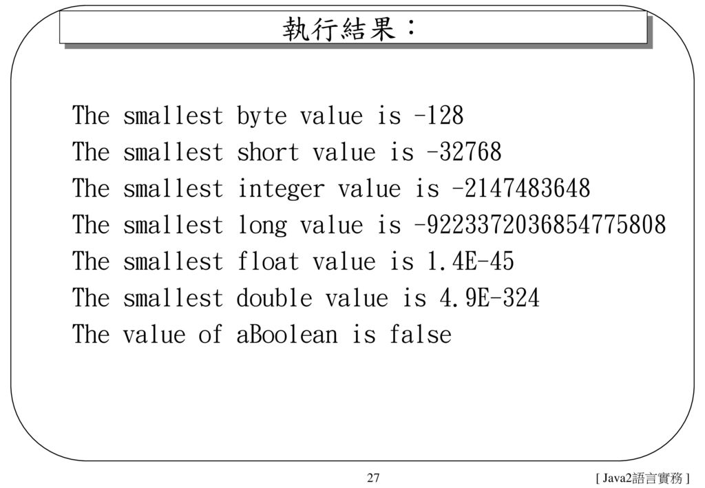 執行結果： The smallest byte value is -128