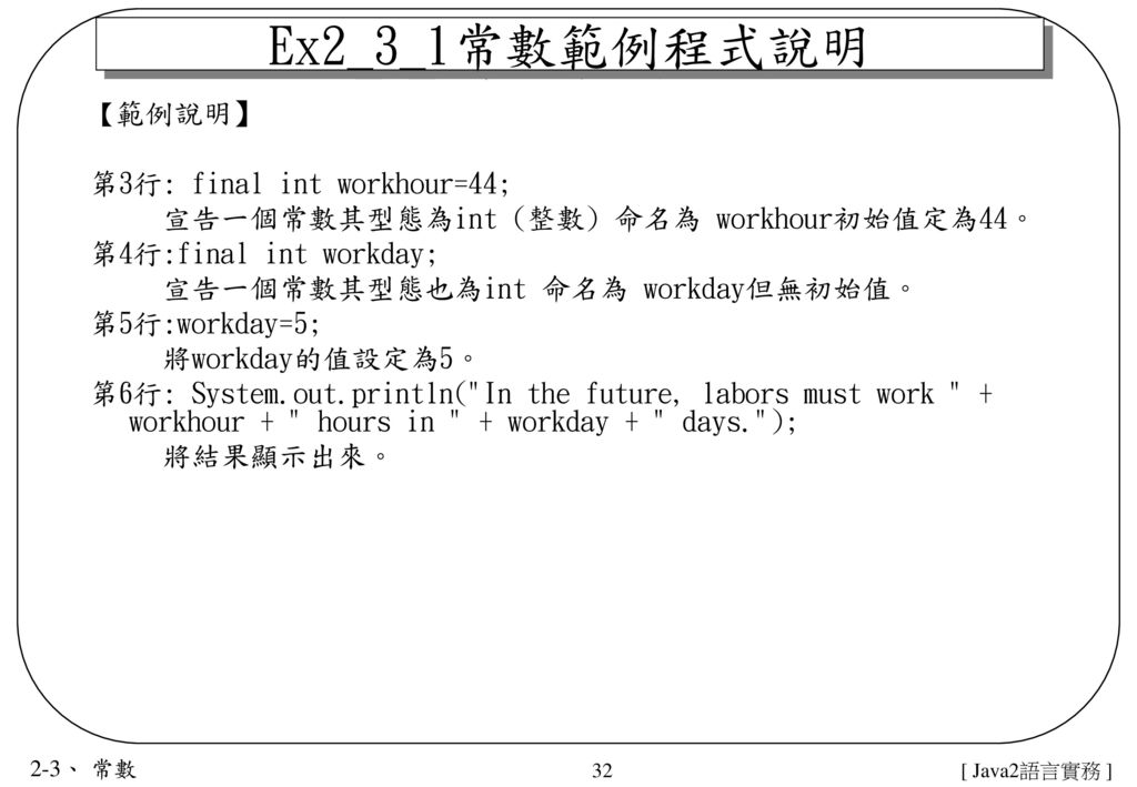 Ex2_3_1常數範例程式說明 第3行: final int workhour=44;