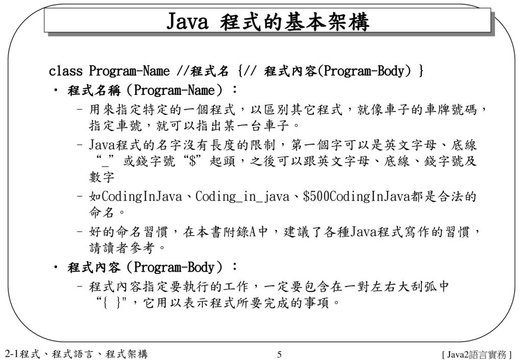 Java 程式的基本架構 class Program-Name //程式名 {// 程式內容(Program-Body) }